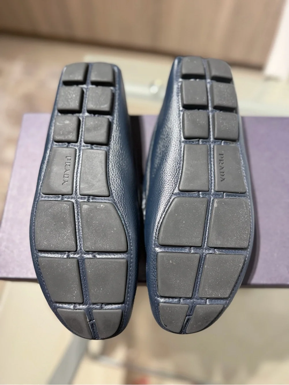 Prada Navy Pebbled Leather Driving Loafers